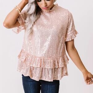 Andree by Unit Rose Gold Sequin Short Sleeve Blouse Ruffle Collar Size S, NWT